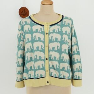 Palava Elephant Print Organic Cotton Cardigan Sweater Large 3/4 Length Sleeve